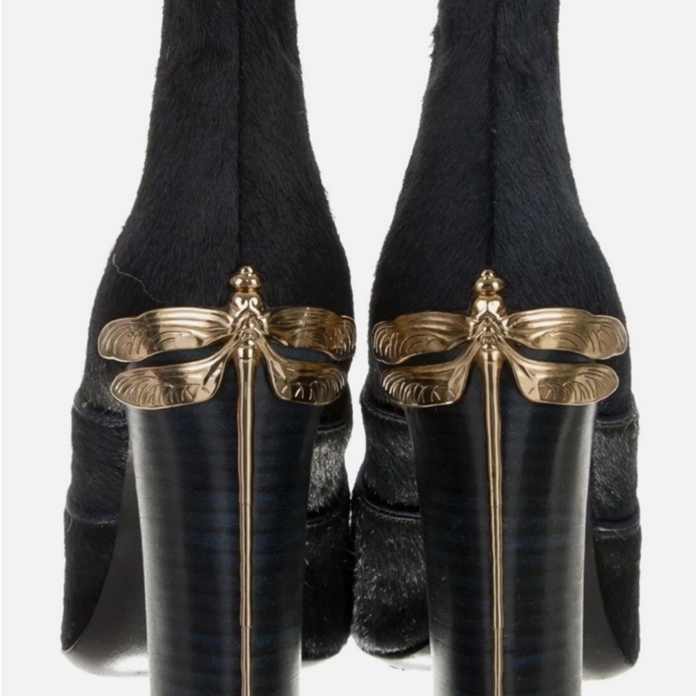Tory Burch Navy Pony Hair Ankle Boots with Gold Dragonfly Accent